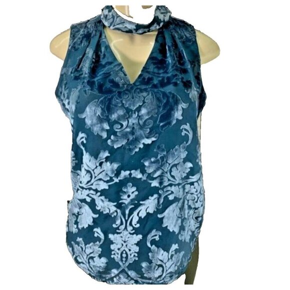 White House Black Market S/0 Teal Flocked Floral Velvet V-Choker Neck Tank Top - Picture 2 of 6